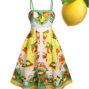 MULTICOLOR 1940S LEMONIS PRINT MIDI DRESS